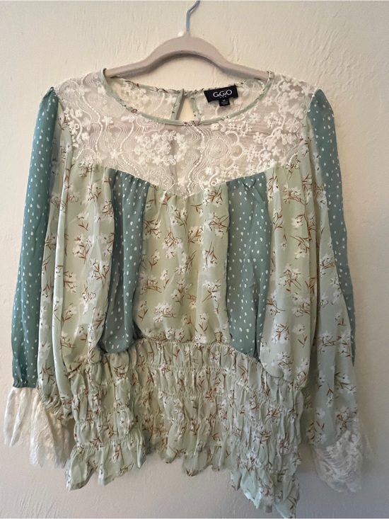 Gigio Tops - Gigio Sage Green Floral Lace Yoke Peasant Blouse